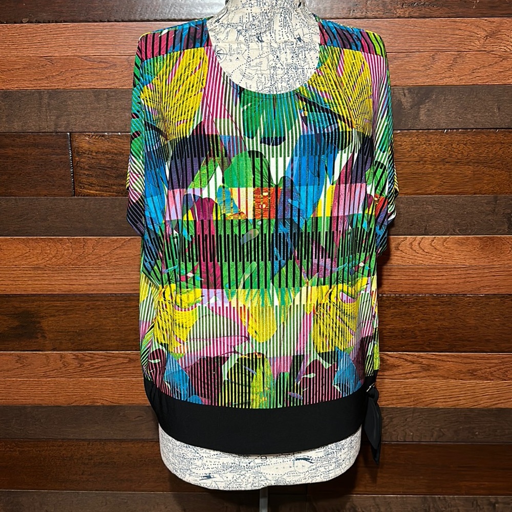 Rafaella Scoop Neck Short Sleeve Multi Colored Tropical Leaf Blouse